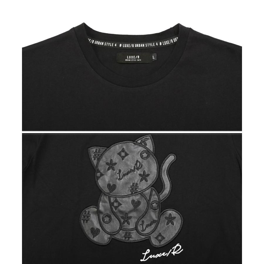 Tシャツ メンズ 半袖 PUレザー 合皮 ワッペン アップリケ 猫 ねこ ネコ カットソー 白 黒｜lux-style｜11