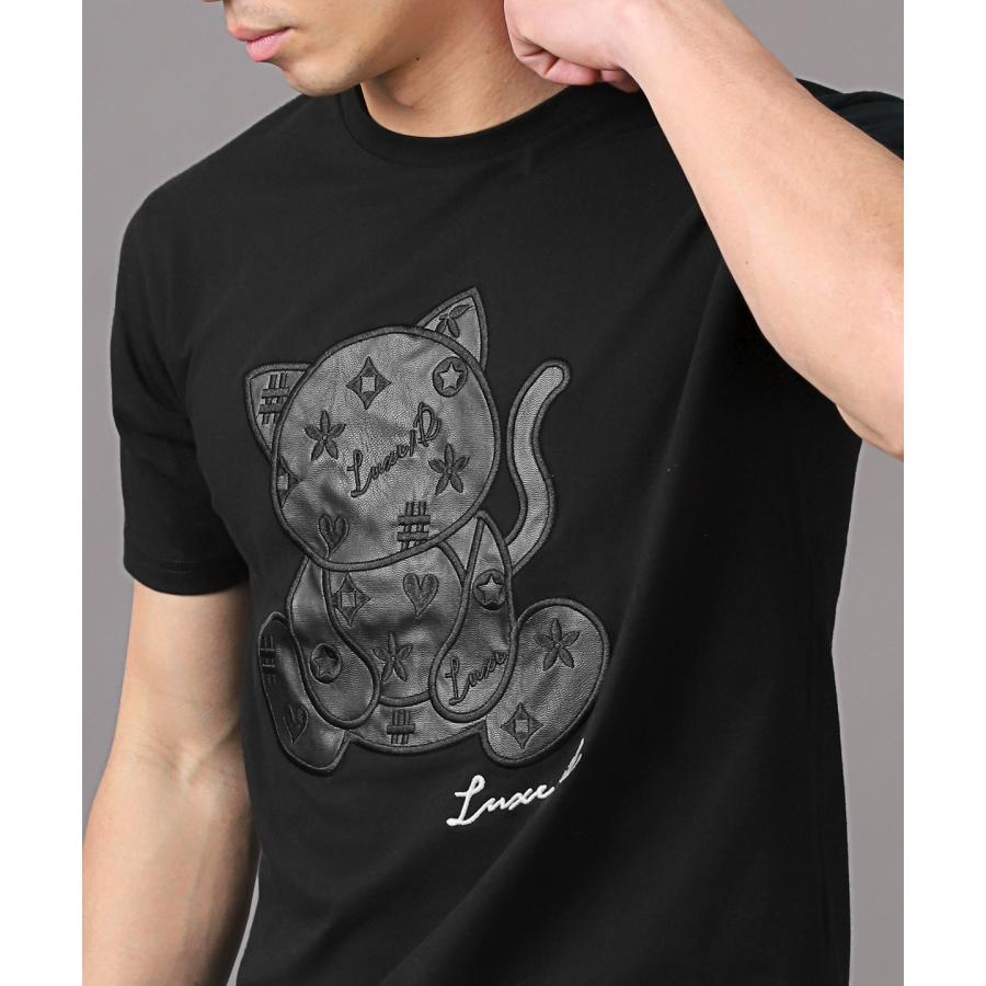 Tシャツ メンズ 半袖 PUレザー 合皮 ワッペン アップリケ 猫 ねこ ネコ カットソー 白 黒｜lux-style｜04