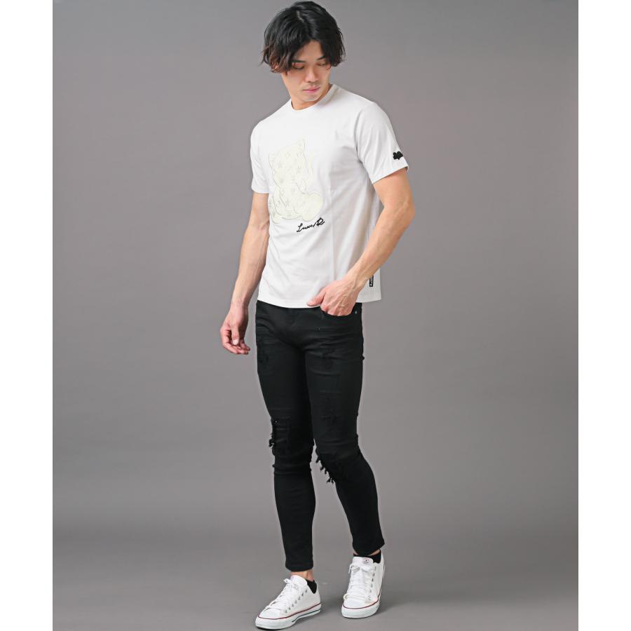 Tシャツ メンズ 半袖 PUレザー 合皮 ワッペン アップリケ 猫 ねこ ネコ カットソー 白 黒｜lux-style｜08