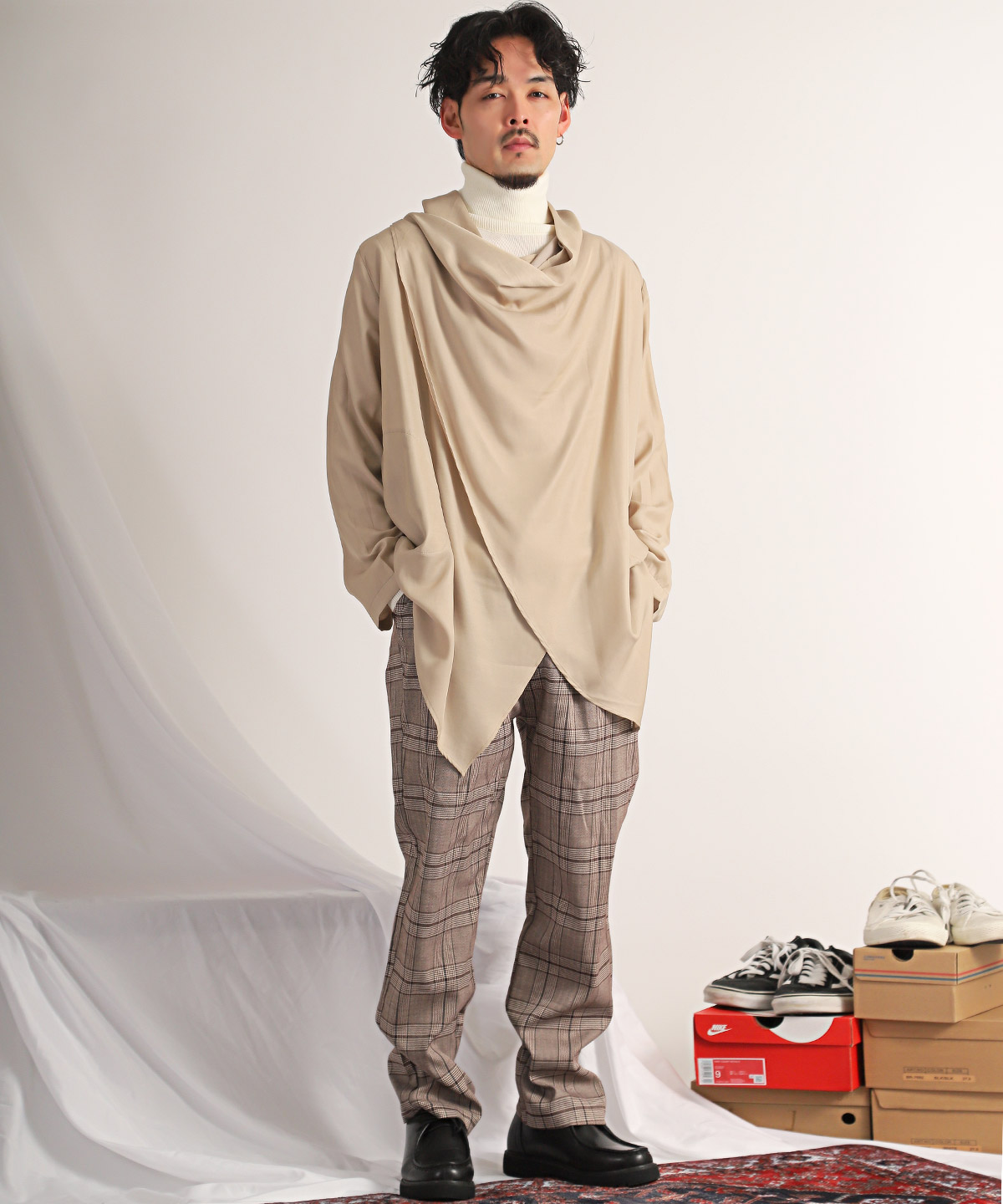 ロンT メンズ 長袖 ビッグシルエット 無地 ドレープ ポンチョ ロング丈