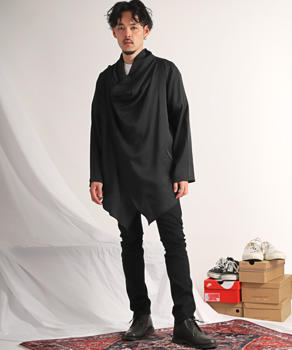 ロンT メンズ 長袖 ビッグシルエット 無地 ドレープ ポンチョ ロング丈