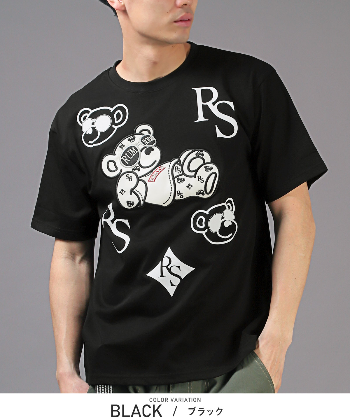Tシャツ メンズ 半袖 トップス ビッグシルエット ベア PUレザー 刺繍 アップリケ ロゴ｜lux-style｜07