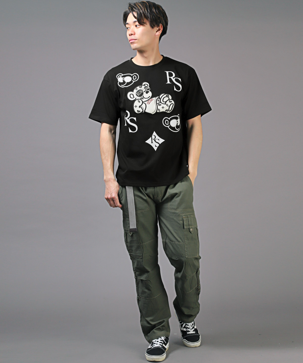 Tシャツ メンズ 半袖 トップス ビッグシルエット ベア PUレザー 刺繍 アップリケ ロゴ｜lux-style｜08