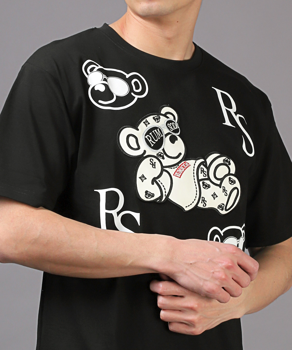 Tシャツ メンズ 半袖 トップス ビッグシルエット ベア PUレザー 刺繍 アップリケ ロゴ｜lux-style｜04