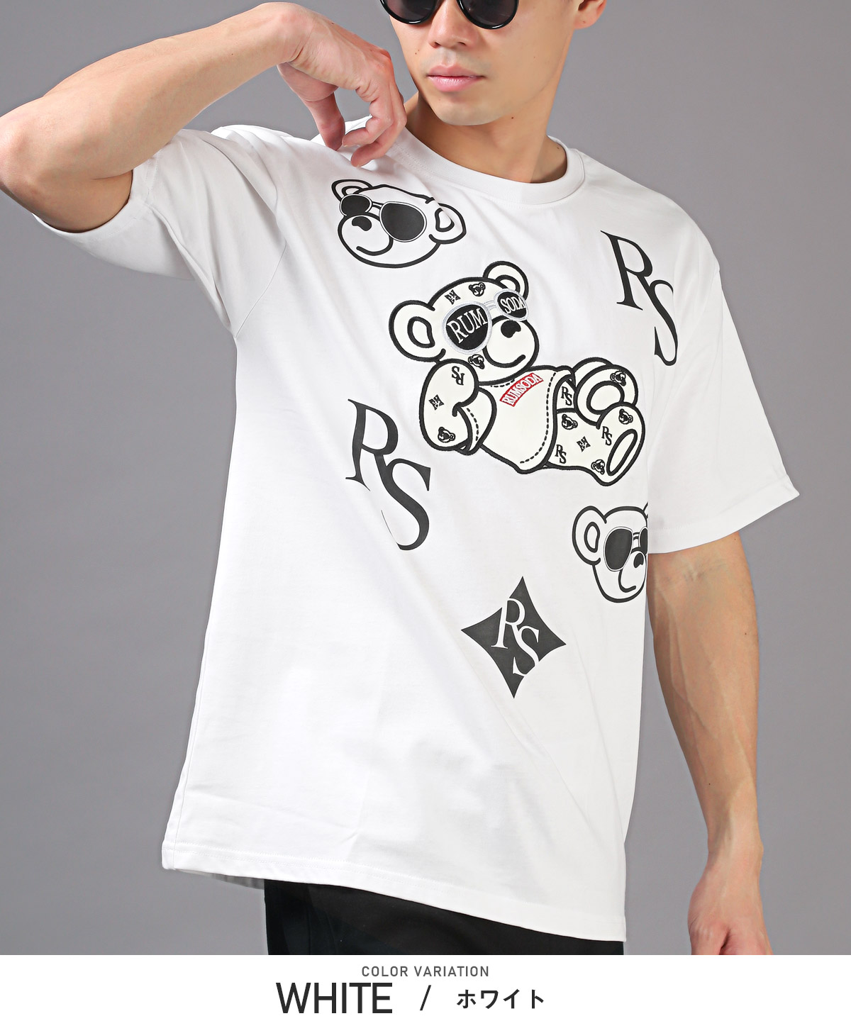 Tシャツ メンズ 半袖 トップス ビッグシルエット ベア PUレザー 刺繍 アップリケ ロゴ｜lux-style｜05