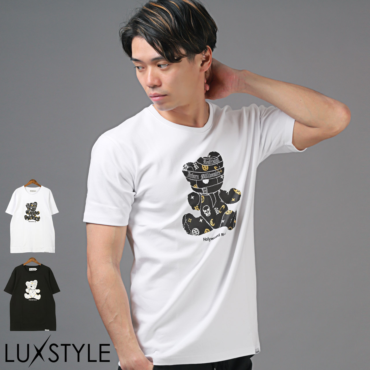半袖Tシャツ メンズ クルーネック プリント ベア クマ Hollywood rich