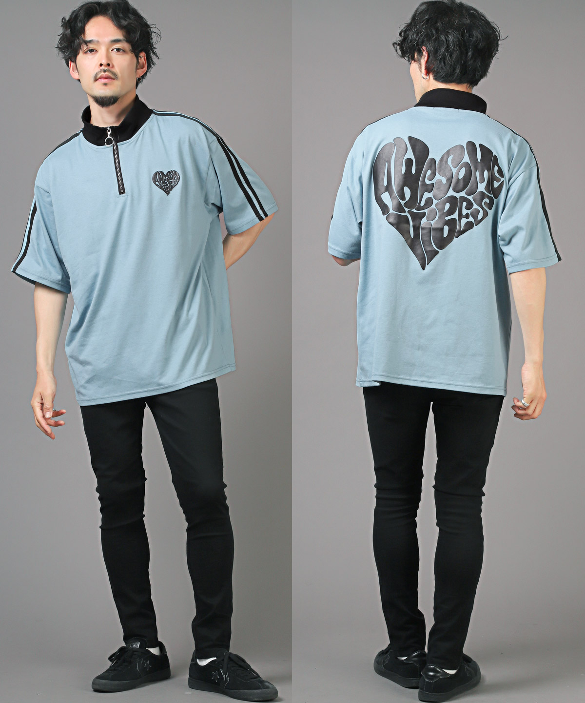 半袖Tシャツ メンズ ハーフジップ オーバーサイズ サイドライン ハート ロゴ ストリート｜lux-style｜12