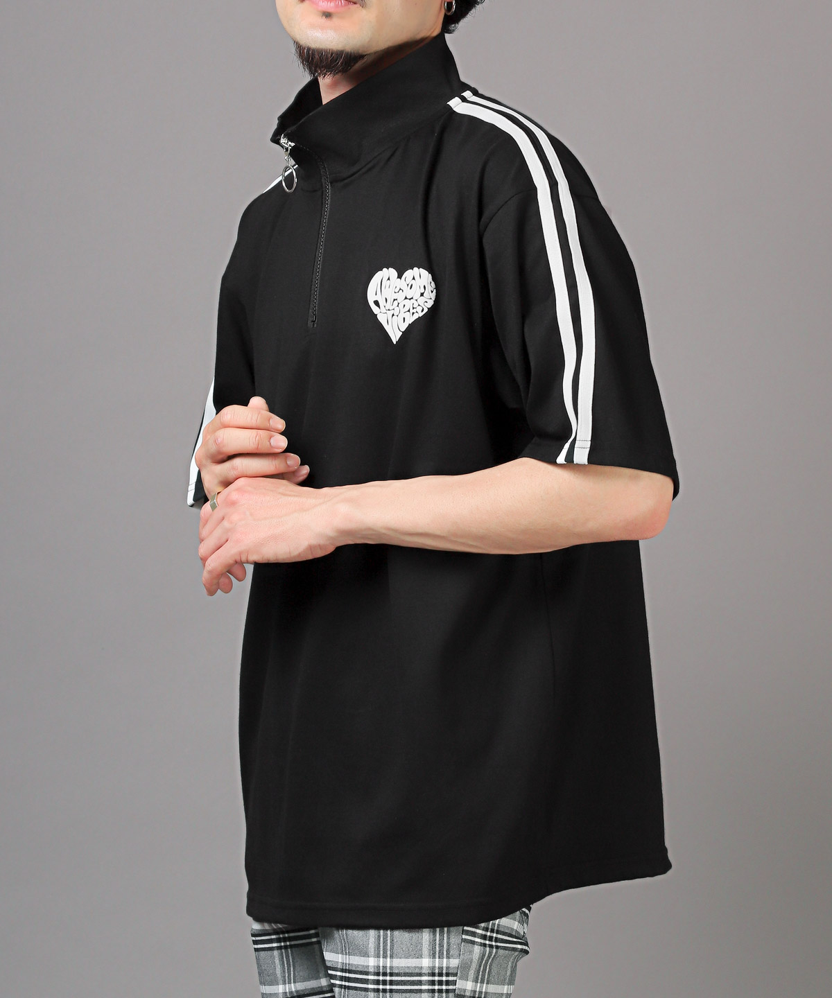 半袖Tシャツ メンズ ハーフジップ オーバーサイズ サイドライン ハート ロゴ ストリート｜lux-style｜04