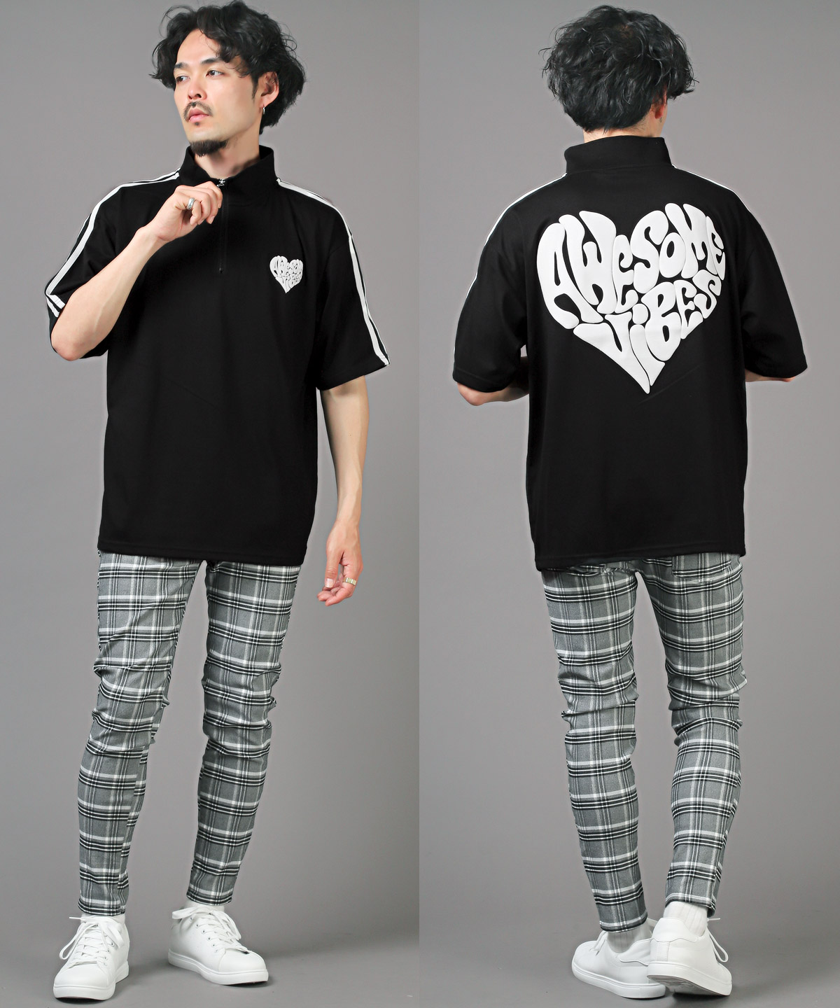 半袖Tシャツ メンズ ハーフジップ オーバーサイズ サイドライン ハート ロゴ ストリート｜lux-style｜14