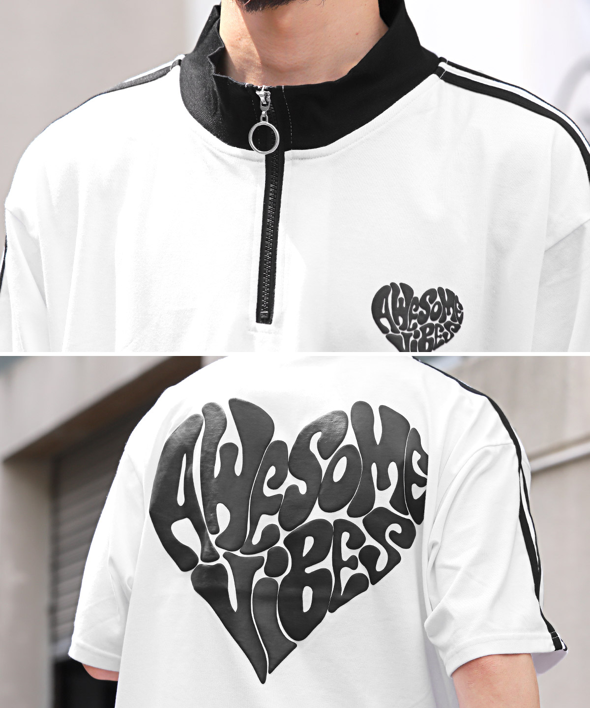 半袖Tシャツ メンズ ハーフジップ オーバーサイズ サイドライン ハート ロゴ ストリート｜lux-style｜10
