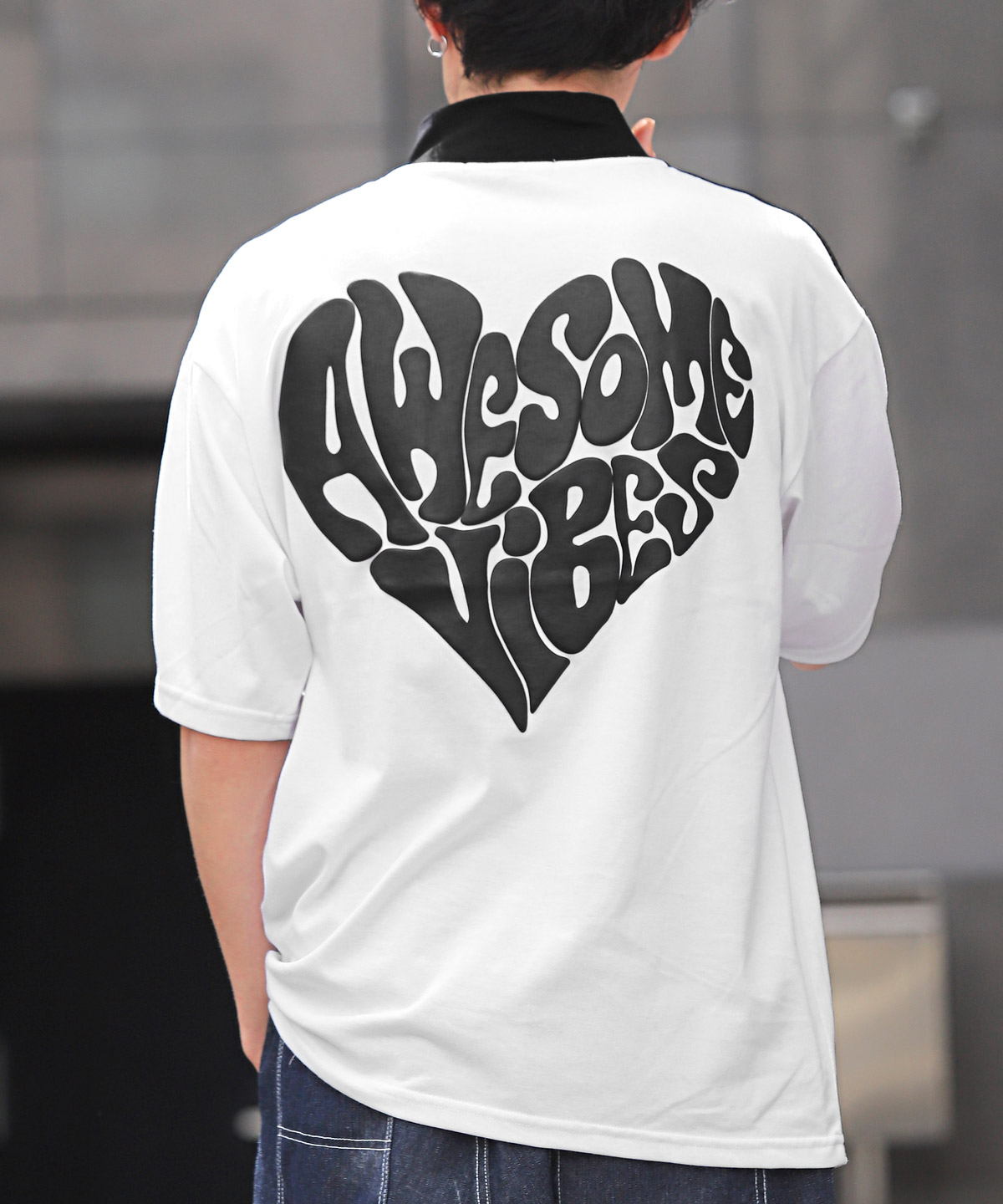 半袖Tシャツ メンズ ハーフジップ オーバーサイズ サイドライン ハート ロゴ ストリート｜lux-style｜08