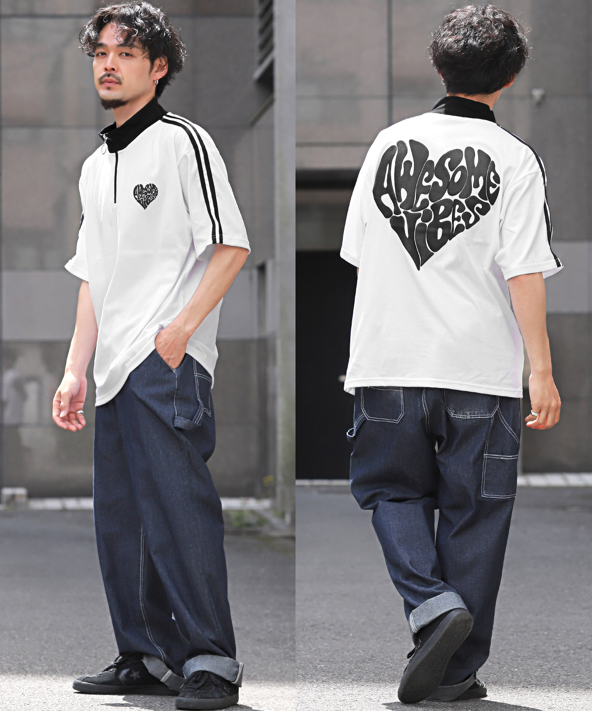 半袖Tシャツ メンズ ハーフジップ オーバーサイズ サイドライン ハート ロゴ ストリート｜lux-style｜09