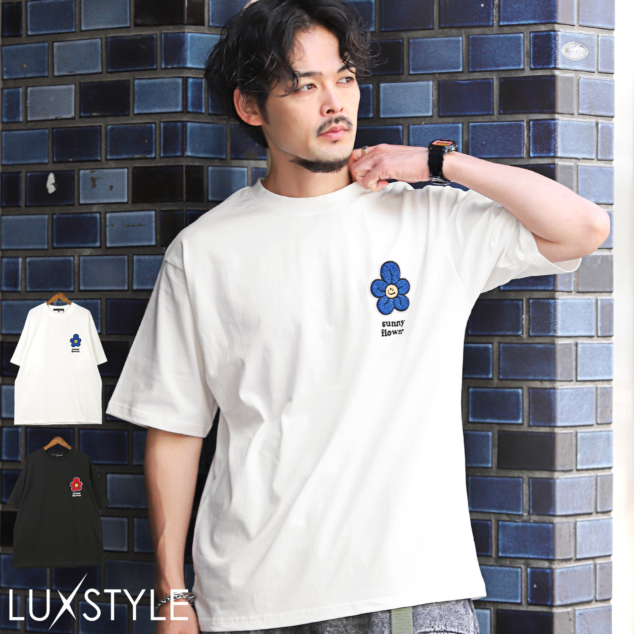 Tシャツ 半袖 メンズ レディース オーバーサイズ クルーネック 刺繍 ワンポイント 花 ストリート｜lux-style