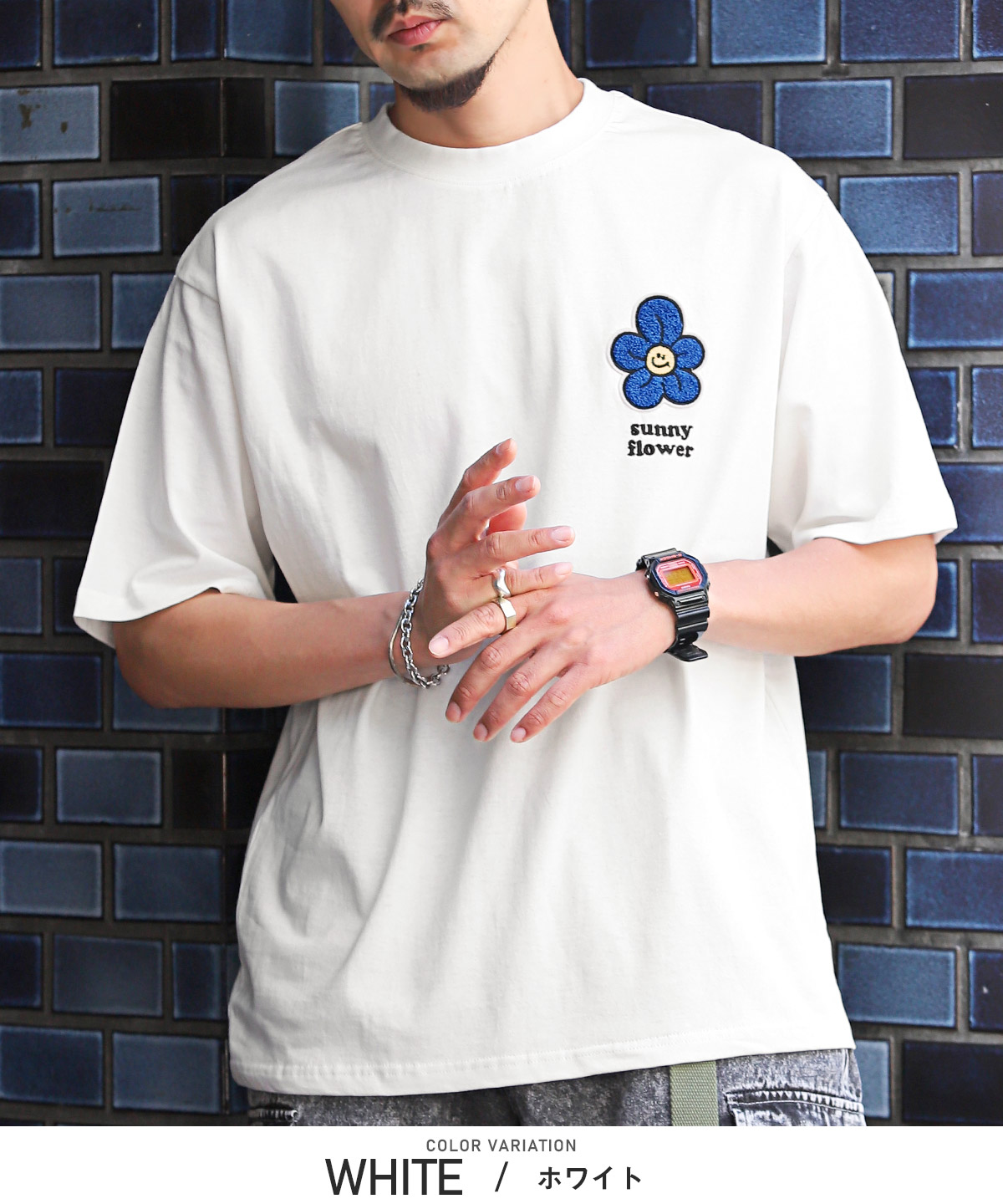 Tシャツ 半袖 メンズ レディース オーバーサイズ クルーネック 刺繍 ワンポイント 花 ストリート｜lux-style｜02