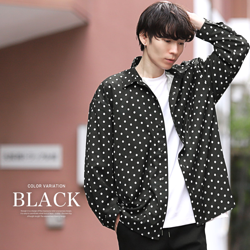 シャツ 長袖 メンズ レディース レギュラーカラー ドット柄 水玉 白 黒