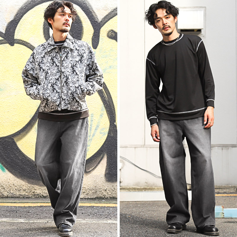 デニムパンツ メンズ ワイド ストレート ジーンズ オーバーダイ