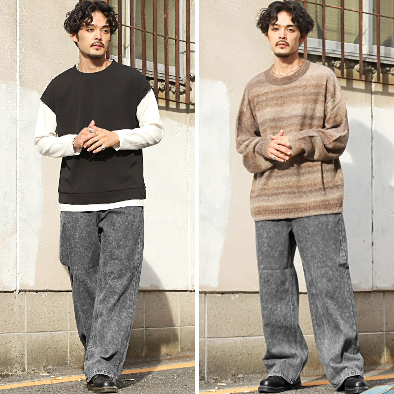 デニムパンツ メンズ ワイド ストレート ジーンズ オーバーダイ