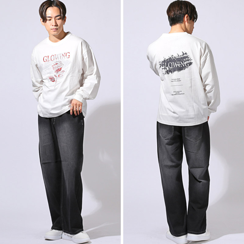 ロンT メンズ レディース Tシャツ 長袖 トップス 薔薇 バラ 刺繍