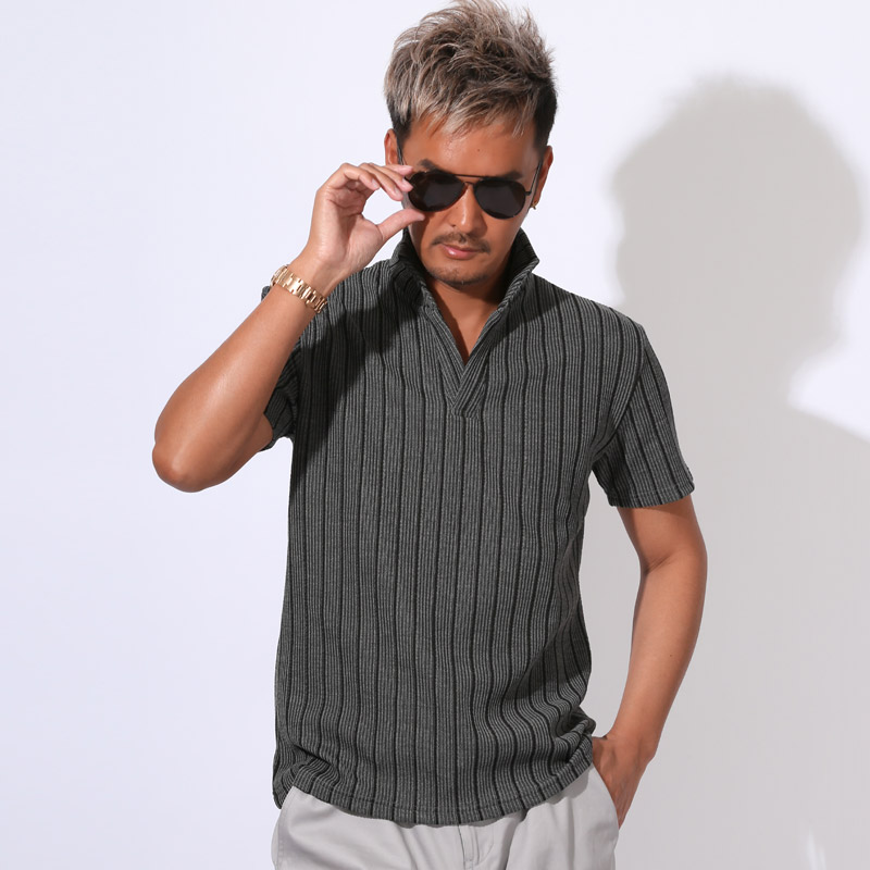 ポロシャツ カットソー 半袖 メンズ イタリアンカラー スタンドカラー ワイヤーカラー 立ち襟 ストライプ M L XL aa-3521 |  | 02