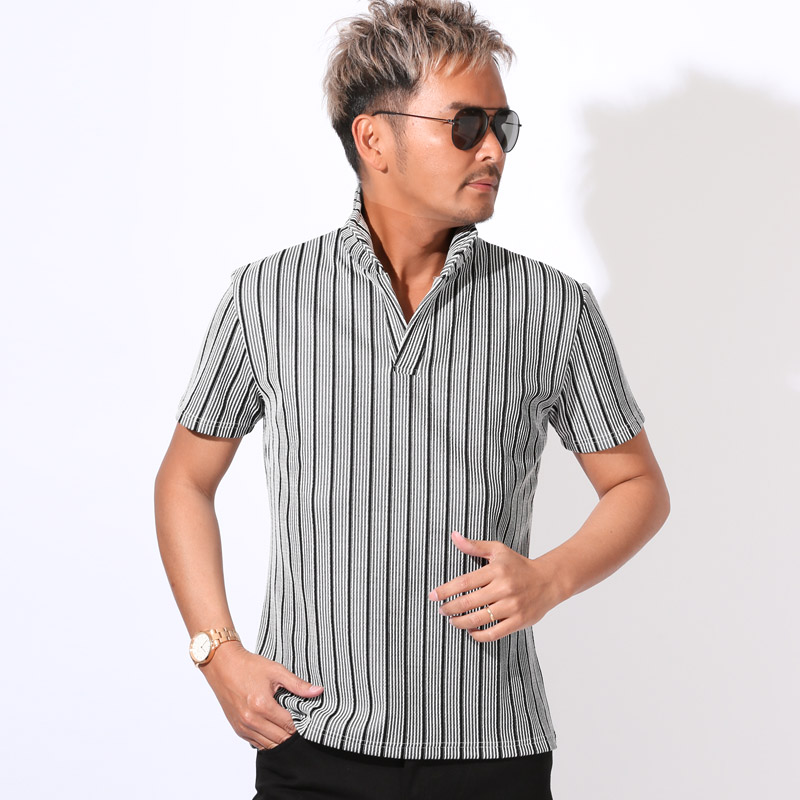 ポロシャツ カットソー 半袖 メンズ イタリアンカラー スタンドカラー ワイヤーカラー 立ち襟 ストライプ M L XL aa-3521 |  | 01