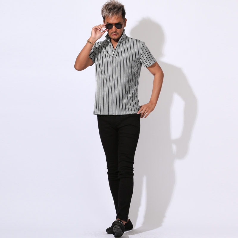 ポロシャツ カットソー 半袖 メンズ イタリアンカラー スタンドカラー ワイヤーカラー 立ち襟 ストライプ M L XL aa-3521 |  | 08