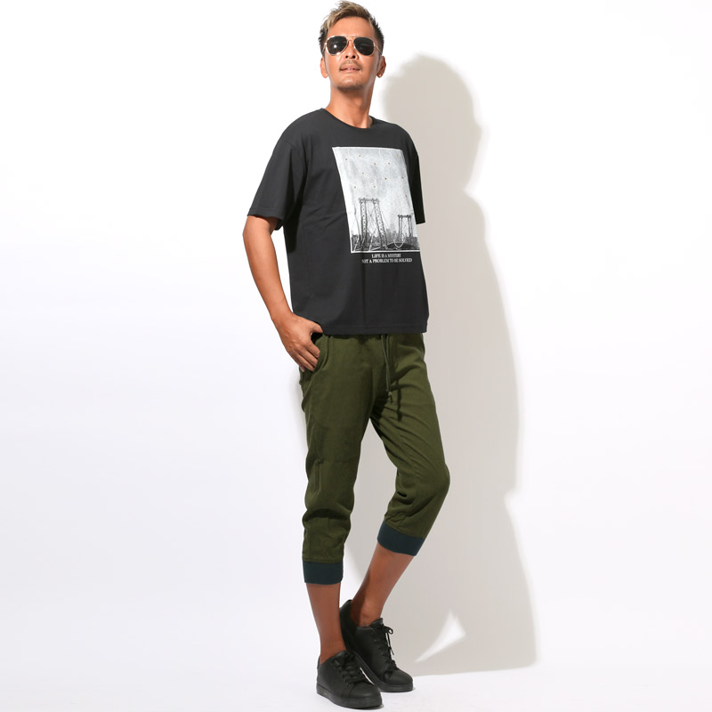 クロップドパンツ・ジョガーパンツ・イージーパンツ・メンズ・7分丈・膝下丈・リネン・麻・涼しい・無地・裾リブ・コットンリネン・綿麻・ウエストゴム・シンプル・ナチュラル・おしゃれ・カジュアル・リラックス・爽やか・ビター系 7