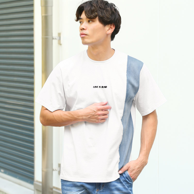 Tシャツ 半袖 トップス カットソー メンズ デニム ハート アップリケ