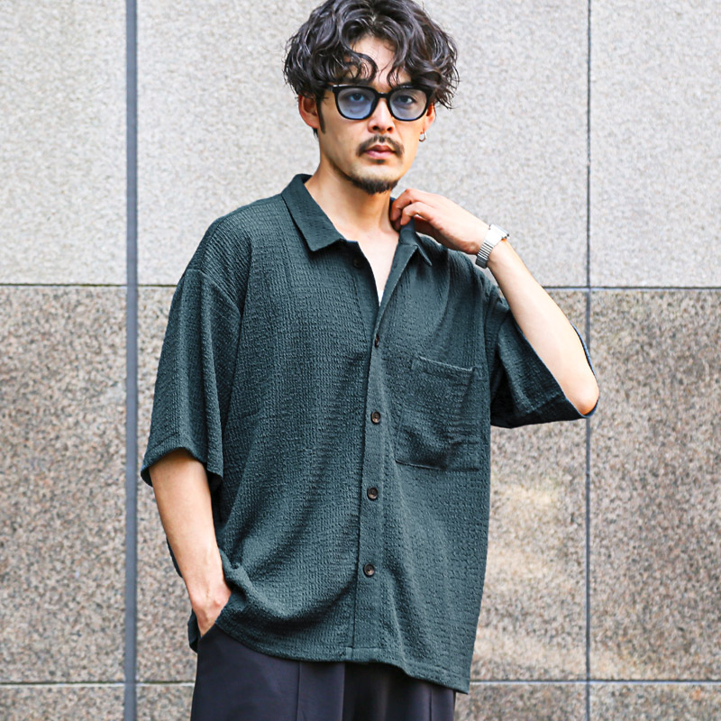 【ブラック】楊柳バンドカラー 半袖シャツ 楊柳バンドカラーシャツ[品番：EHEW0052023]｜AMERICAN HOLIC