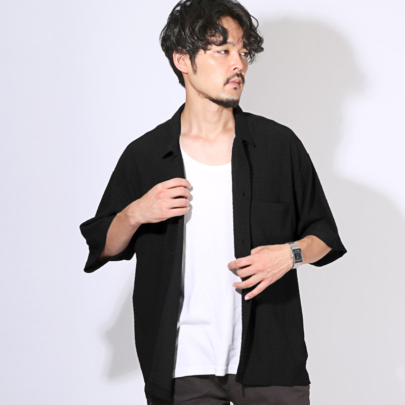 【ブラック】楊柳バンドカラー 半袖シャツ 冷感楊柳バンドカラーシャツ,ikka| TOKYO DESIGN CHANNEL