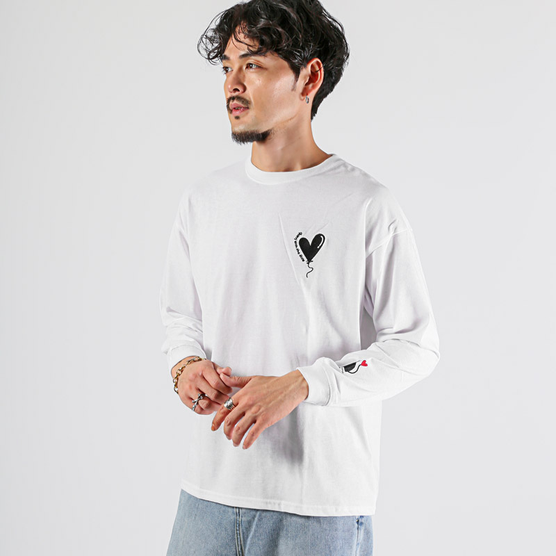 ロンT Tシャツ トップス 長袖 メンズ ワンポイント 刺繍 ロゴ ハート