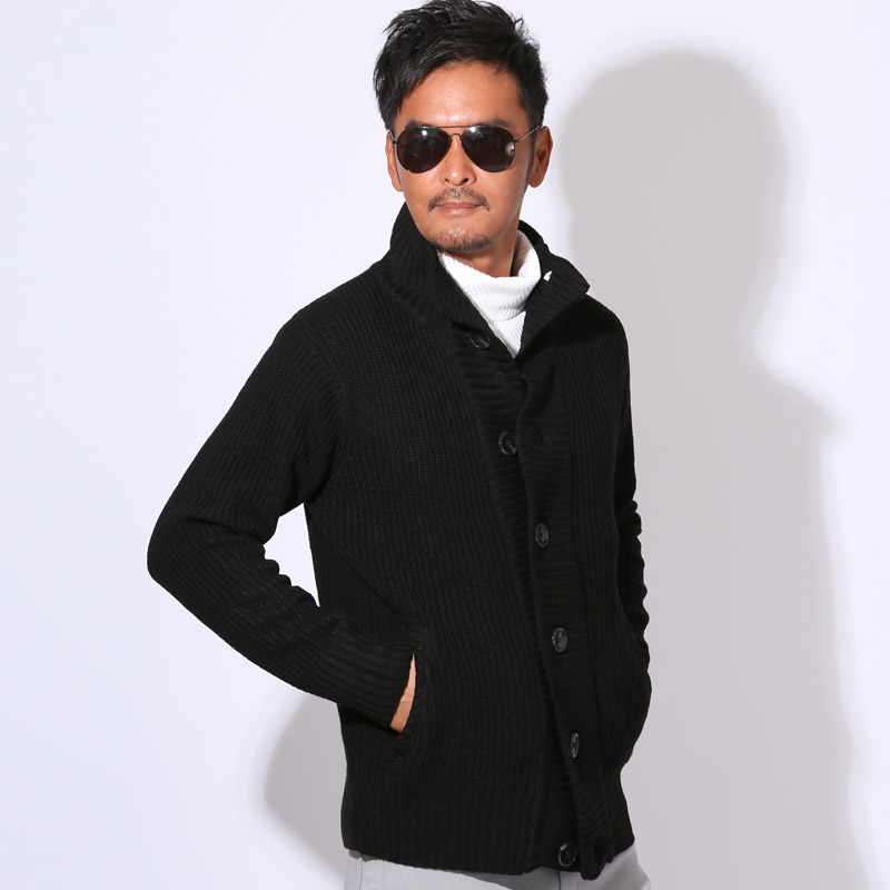 カーディガン ニット メンズ カーデ 畦編み 片畦 スタンドネック 長袖