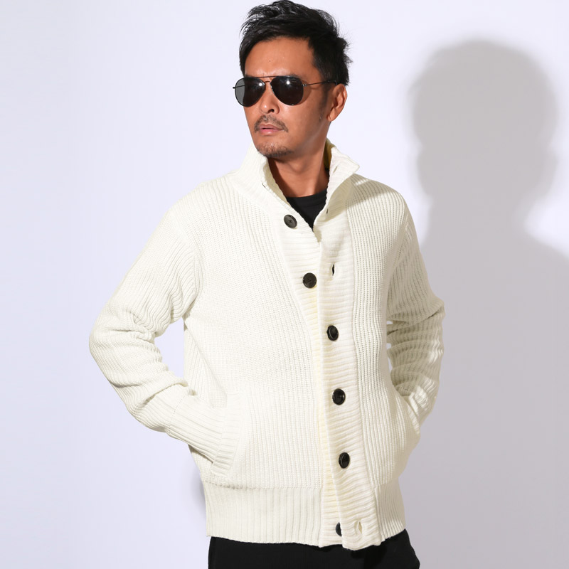 カーディガン ニット メンズ カーデ 畦編み 片畦 スタンドネック 長袖