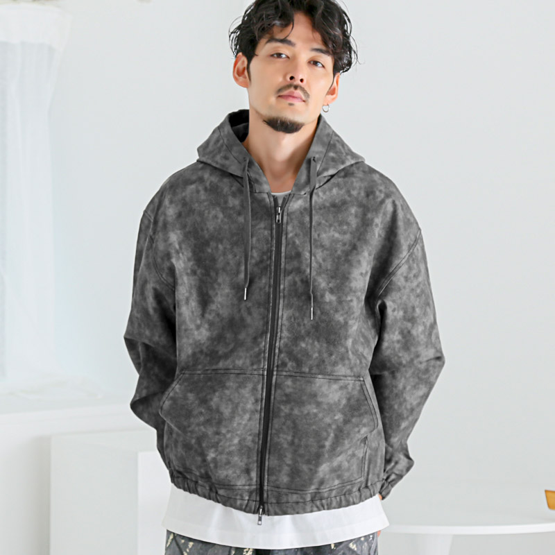 ジップパーカー メンズ PUレザー 合皮 合成皮革 レザーパーカー