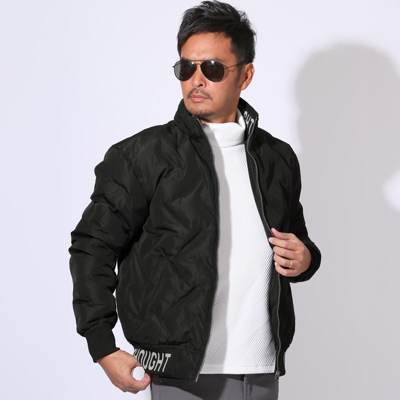 中綿ジャケット ブルゾン メンズ フェイクダウン 暖か ファイバーダウン あったか ロゴ 防寒 黒【圧着キルトスタンドブルゾン】 aa-3815 中綿ジャケット ブルゾン メンズ フェイクダウン 暖か ファイバー