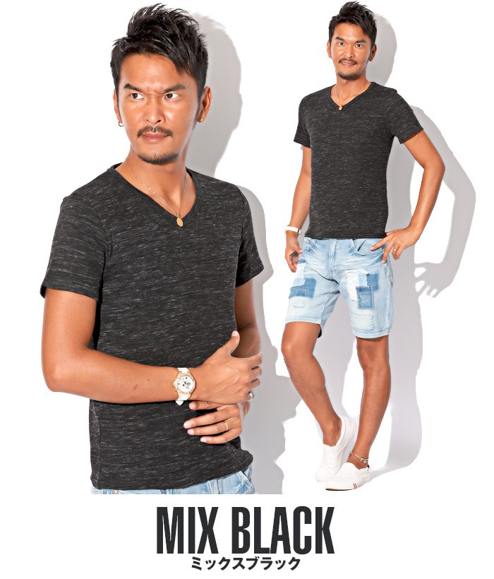 Tシャツ メンズ 半袖 Vネック ワッフル 杢 ミックス スラブ 夏 BITTER