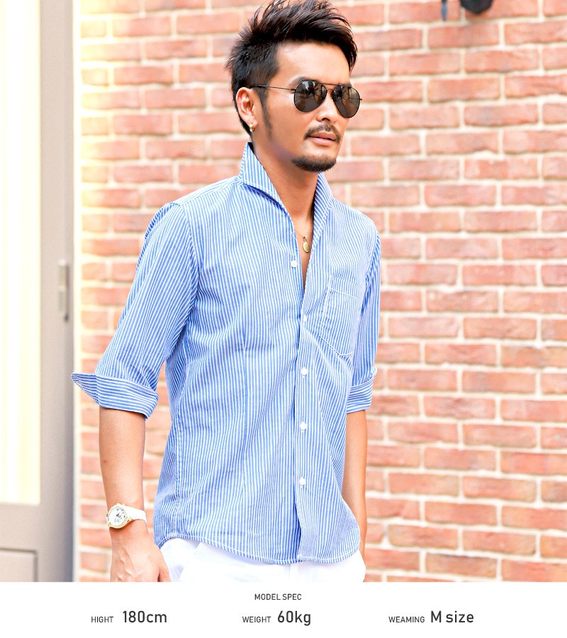 イタリアンカラー シャツ メンズ 7分袖 七分袖 ストライプ Bitter ビター系 先染めイタリアンカラーストライプ7分袖シャツ トップス ホワイト 白シャツ インナー Pm 7701 Luxstyle 通販 Yahoo ショッピング