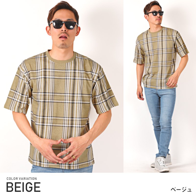Tシャツ メンズ 半袖 5分袖 チェック柄 ビッグシルエット