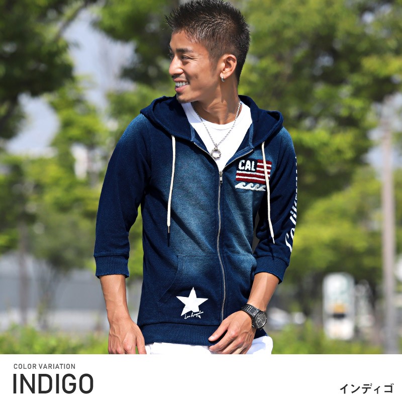 felkod ストレッチ デニムパーカー サイズL インディゴ パーカー メンズ フルZIP ブラスト仕上げ デニムカラー 伸縮ストレッチ