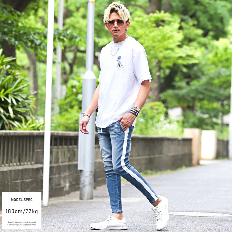 デニムパンツ 新作商品 メンズ スキニー サイドライン カットデニム 細身 イージー アンクル丈 ビター系