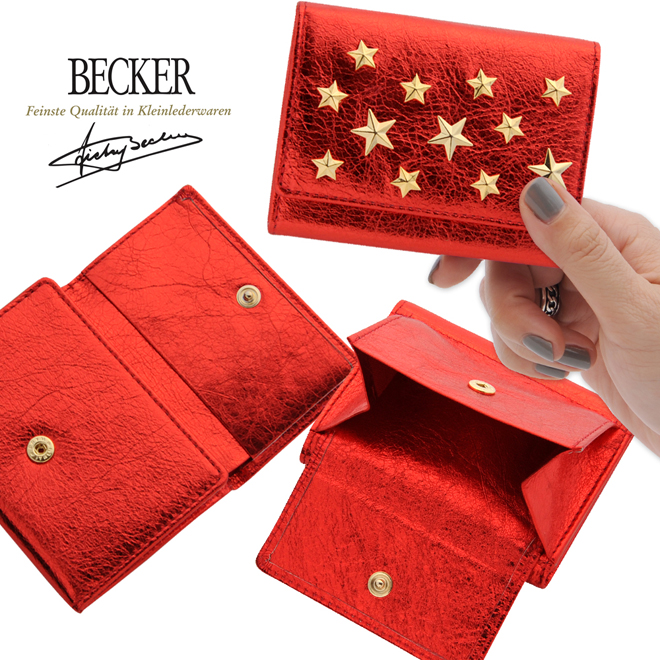極小財布 ミニ財布 三つ折り BECKER ベッカー メタリック 牛革 星 スタッズ レッド 日本製 小さい レディース ベーシック型 サンプル