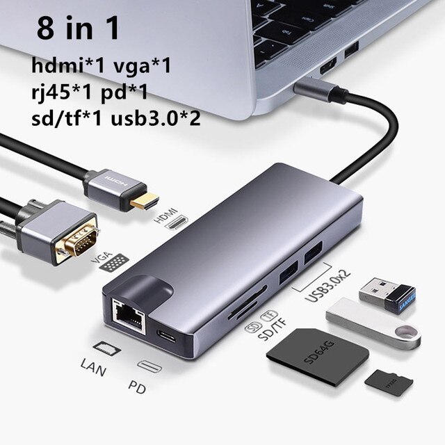 Hdmiと互換性のあるUSBCハブ,4k vgaアダプター,rj45,lan,sd tf,pd usb3