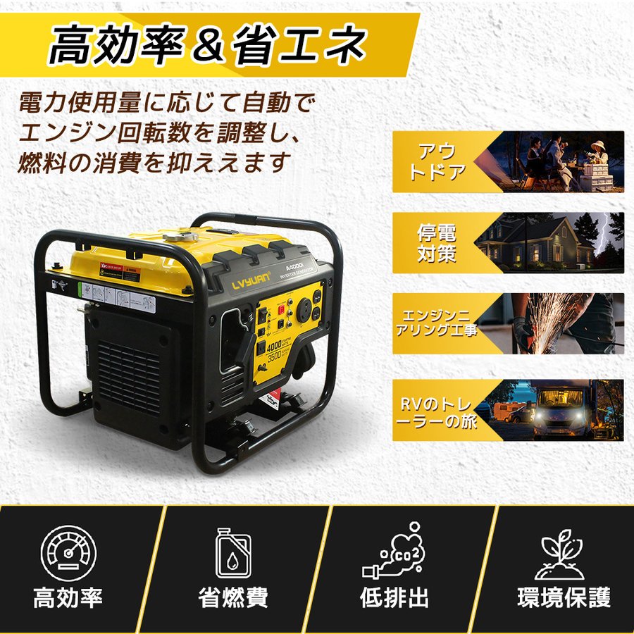 インバーター発電機 正弦波 非常用電源 防音型 4000W 4ＫＶＡ YF4000i