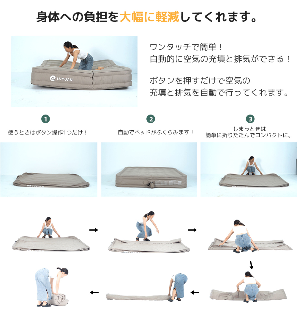 エアーベッド エアーマット 自動膨張式 収納ケース付空気ベッド 折り畳み キャンプ 来客用 予備ベッド 家庭用 電動式ポンプ 収納袋付き