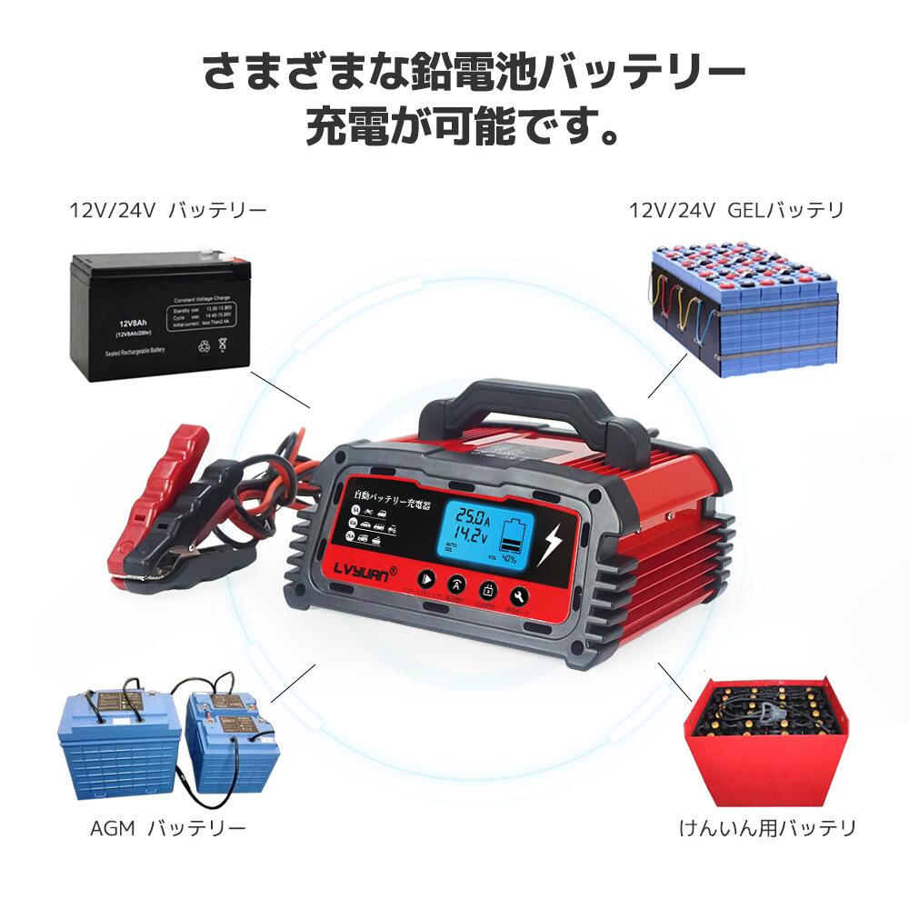 LVYUAN 全自動バッテリー充電器 スマートチャージャー 12V / 24V 対応