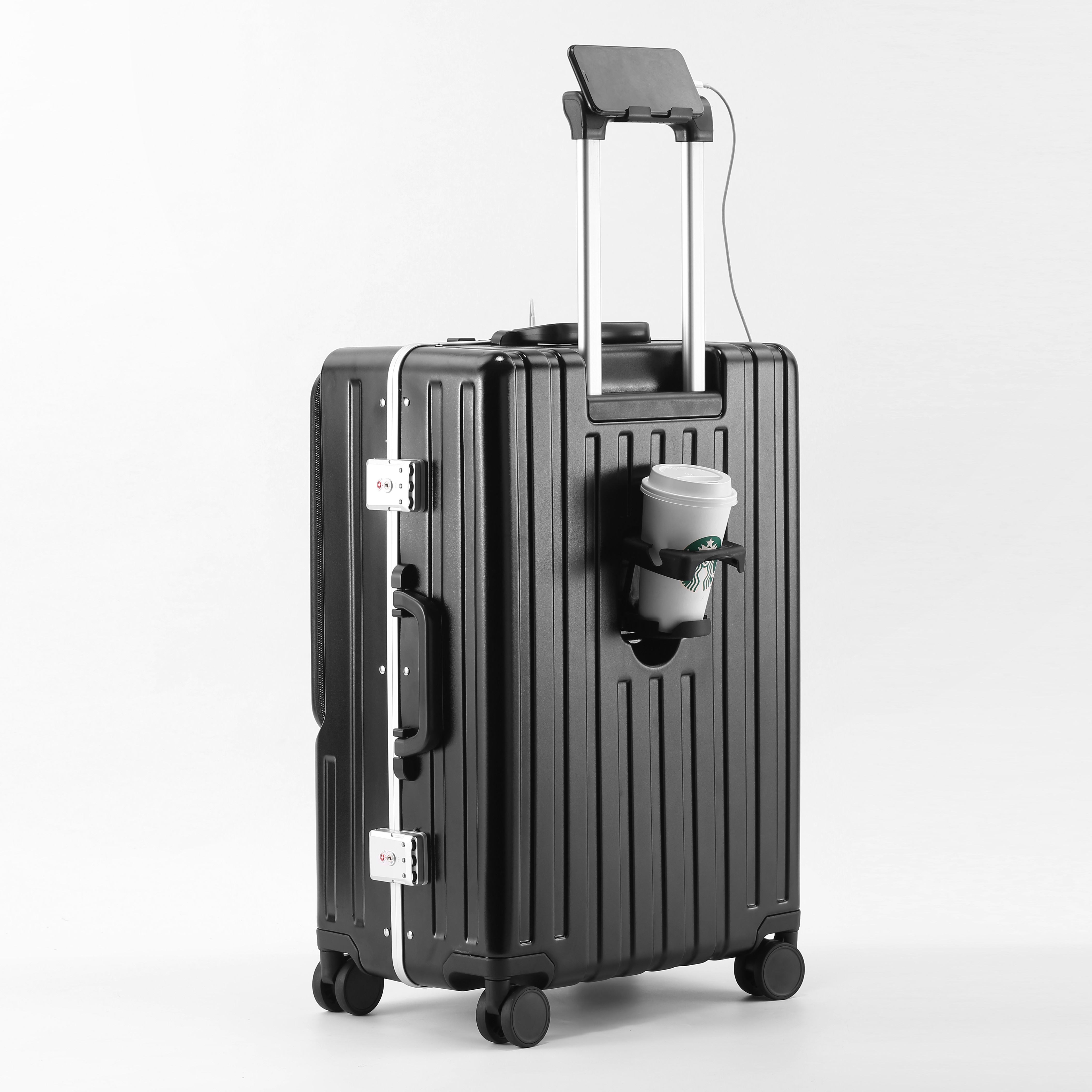 スーツケース Mサイズ USBポート付き カップボルダーフロントオープン キャリーケース 機内持ち込み　アルミフレーム 多収納ポケットTSAロック付  3〜7泊 RIOU
