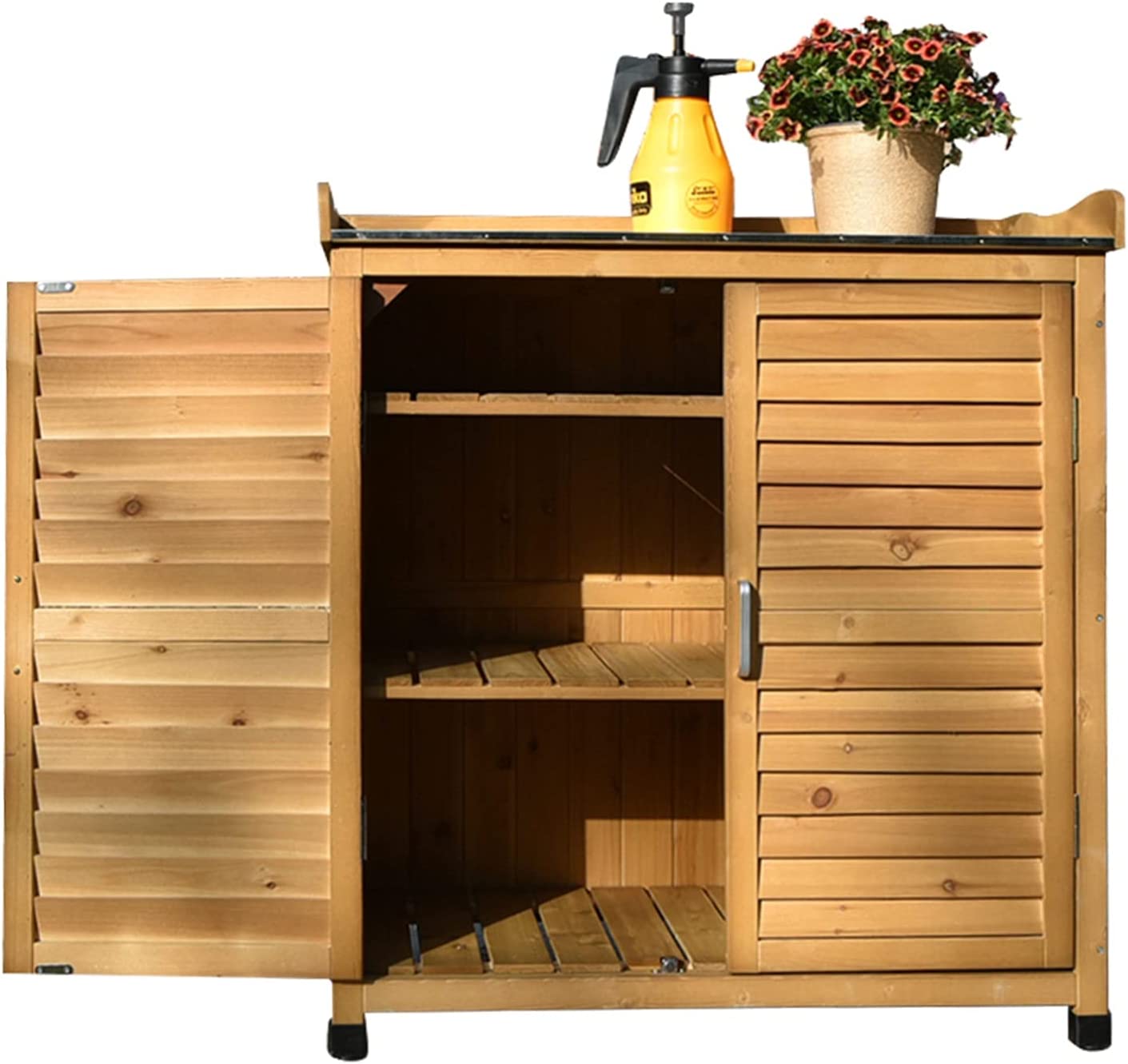 ガーデンポッティングベンチテーブル 作業台の金属製卓上 キャビネットとフック付き、 モミ天然木、防雨日焼け止め、中庭バルコニー入口用トーレージキャビネッ ガーデニング5点セット K21308415