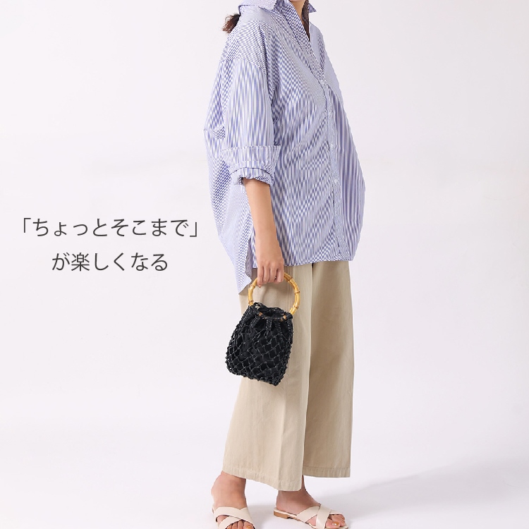 マクラメ編み ハンドバッグ ネイビー×ホワイト ハンドバッグ レディース 小さめ バンブーハンドル マクラメ編み 巾着