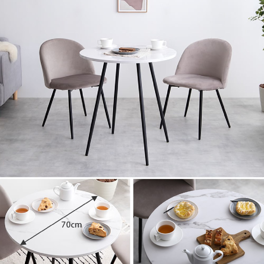 3点セット 大理石柄 円型テーブル ベロア おしゃれ かわいい 北欧 モダン カフェ マンション 食卓 ホワイト ナチュラル 【Ｈｉｇｈ】