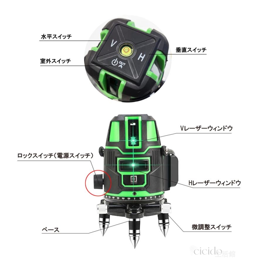 レーザー墨出し器 水平器 グリーンレーザー 墨出し器 5ライン 6