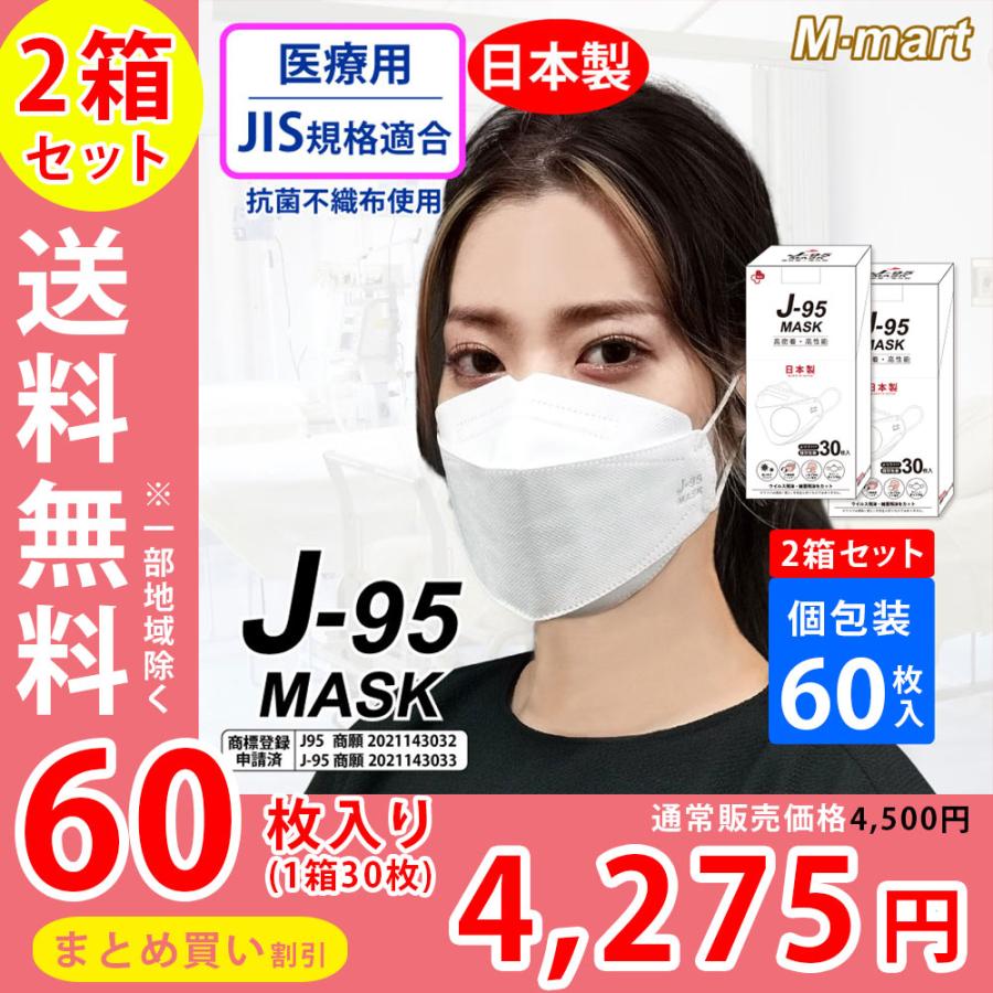 まとめ買い割引 不織布マスク 立体型マスク ダイヤモンド 日本製 OPP包装 4層構造 2箱セット 60枚入 JIS規格適合 医療用クラス3 新型 J-95マスク 送料無料